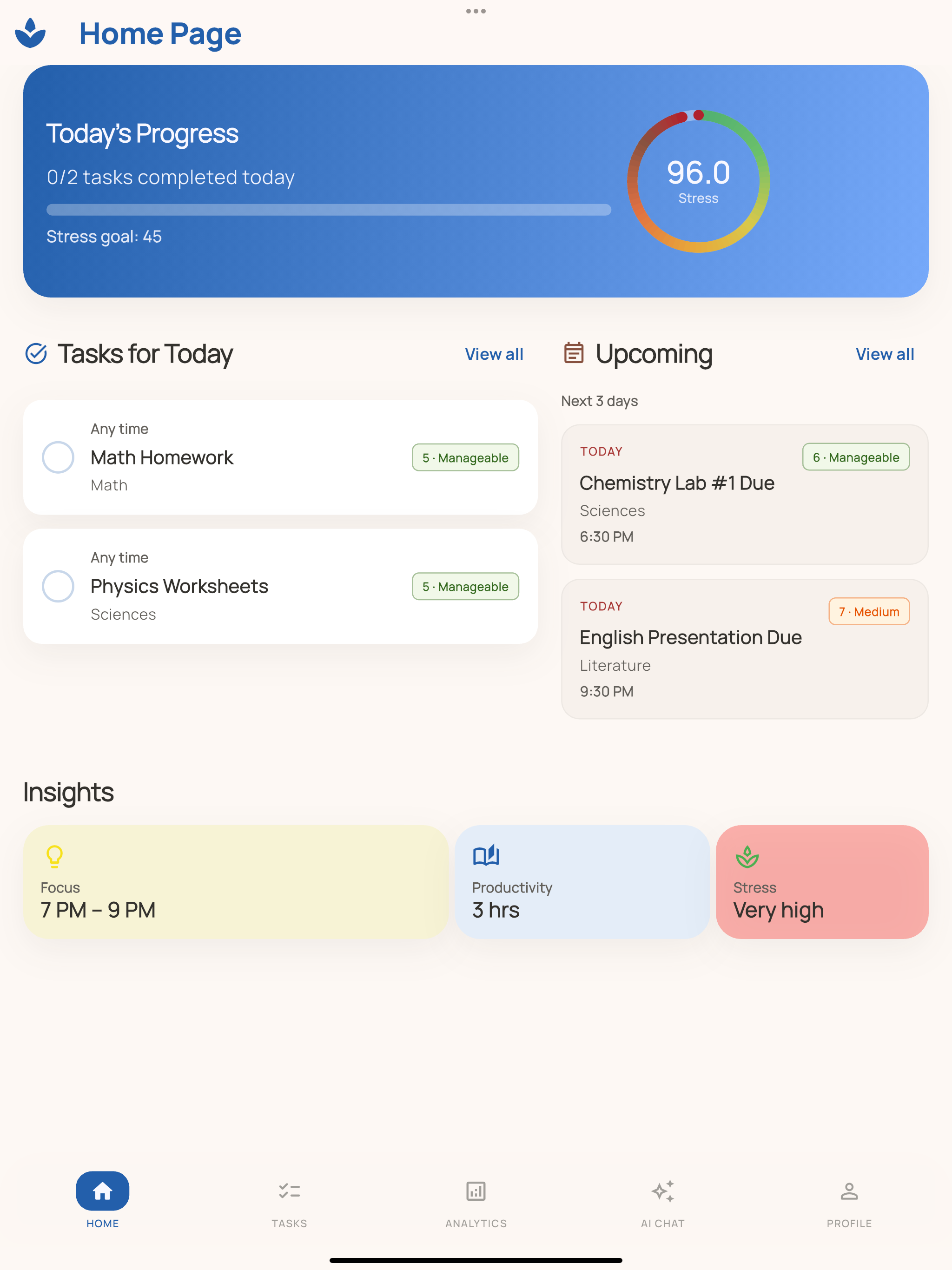 StressTide app home page preview